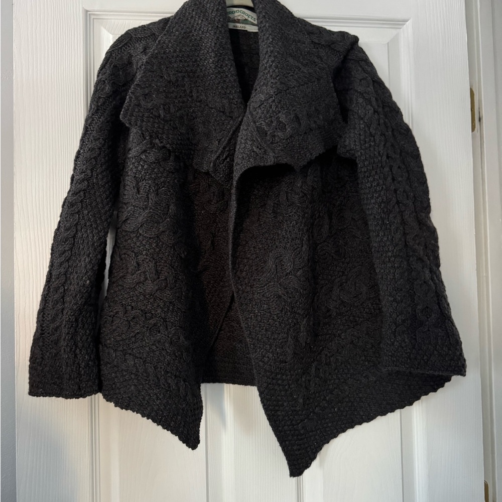 Aran Crafts Charcoal Cable Knit Shawl Collar Open Cardigan